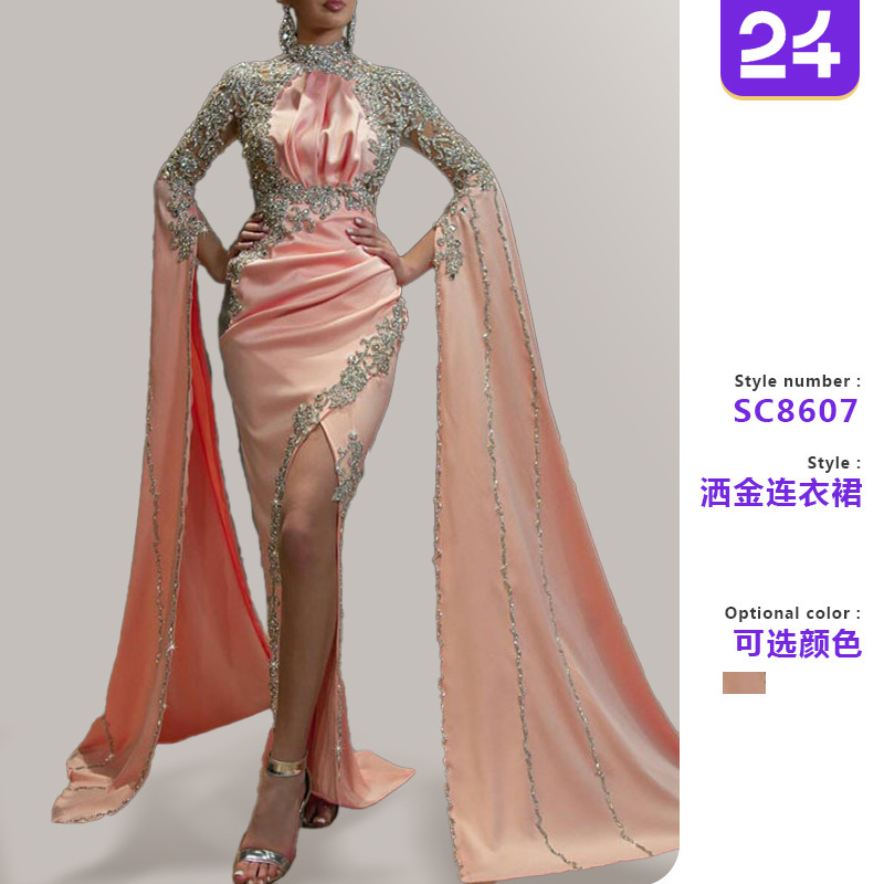 2026 New Cross-Border European and American Women's Clothing Amazon Dress High-Neck Long-Sleeve Long Dress with Slit Irregular Evening Gown