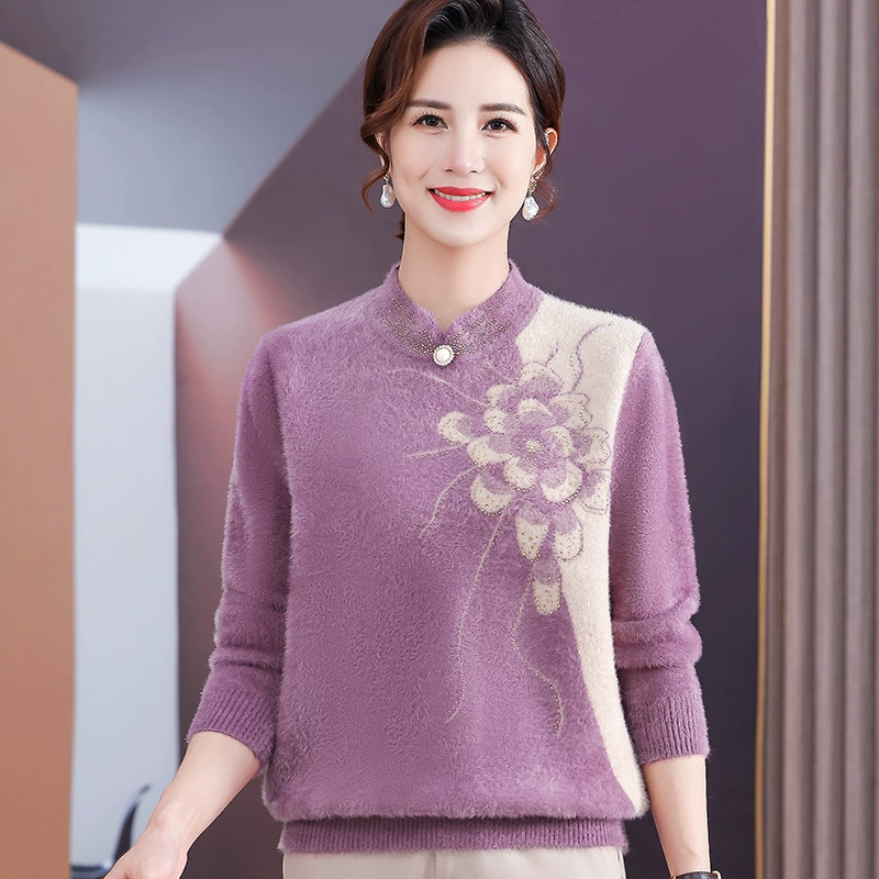 Мама зимний толстый свитер из норковой шерсти среднего и пожилого женского чонсам воротник свободный пуловер нижняя рубашка бабушка топ