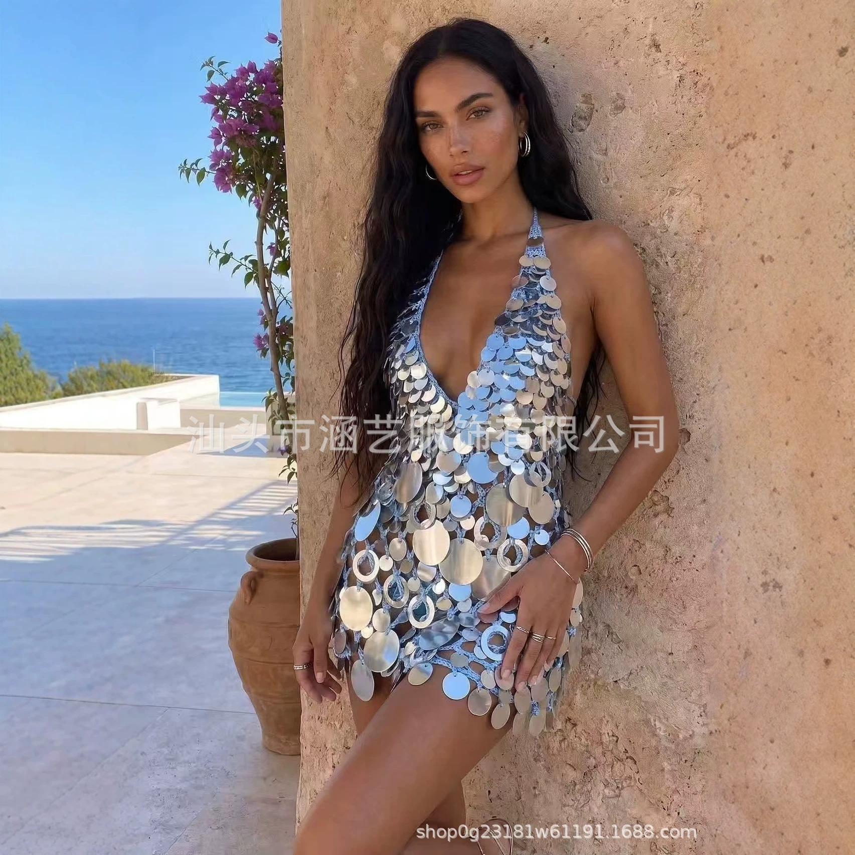 European and American style handmade crochet sequin slip dress, deep V halter neck, hollow-out sequin short dress, beach vacation sequin dress
