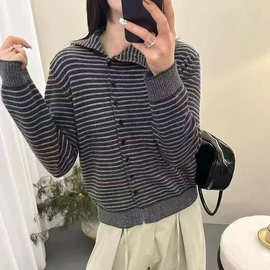 秋冬新款半高领撞色条纹针织开衫韩系宽松百搭外套毛衣女上衣外搭