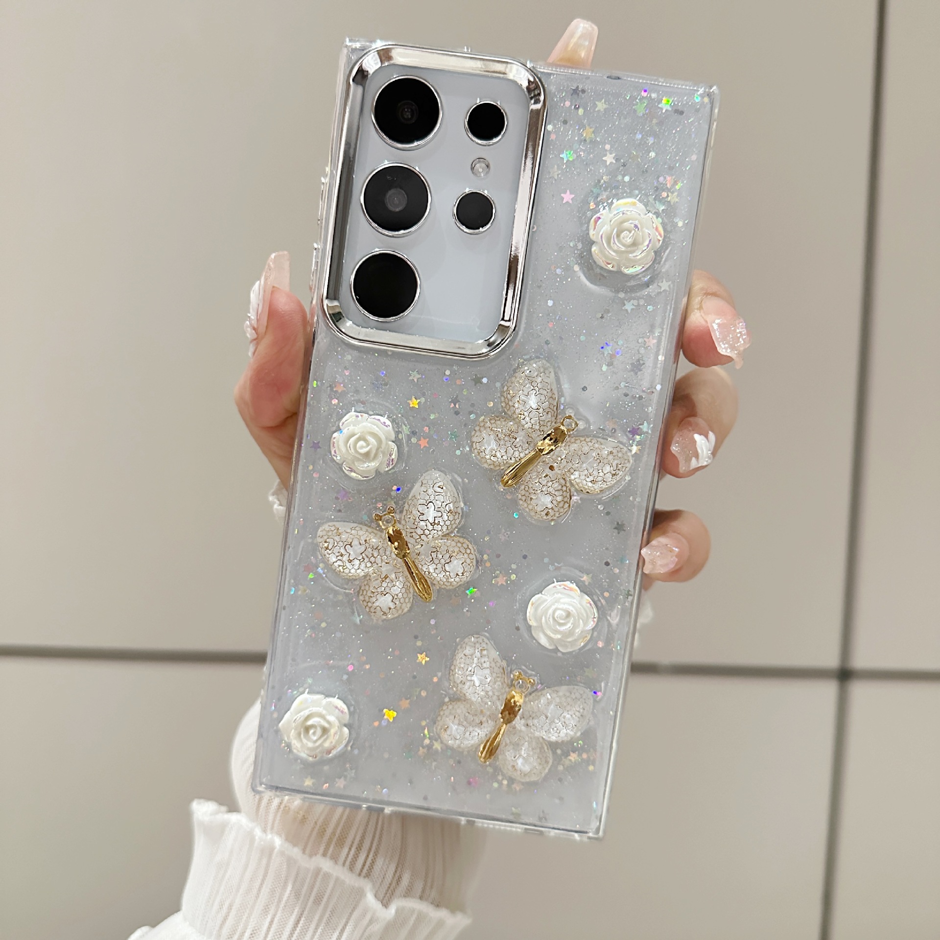 Ins Style White Rose Gold Butterfly S25Ultra Mobile Phone Case Suitable for Samsung S25 Transparent S24Fe Protective Cover S20 Female