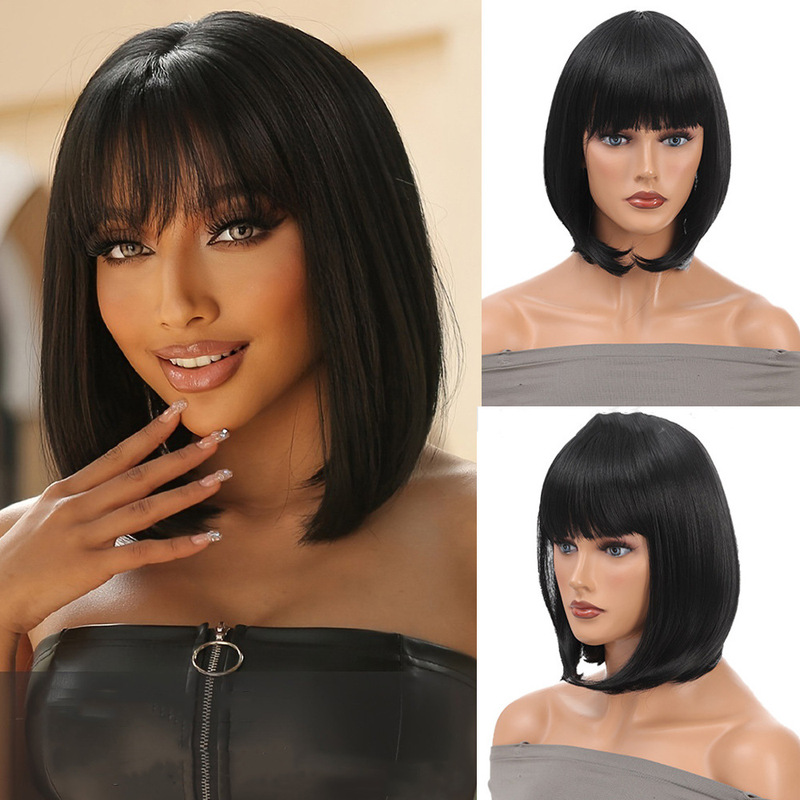 Wig for European and American Women, Cross-Border Hot-Selling Fashion Synthetic Hairpiece with Mixed Hair Colors, Full Bangs, Short Straight Hair, Bob with Inward Curls