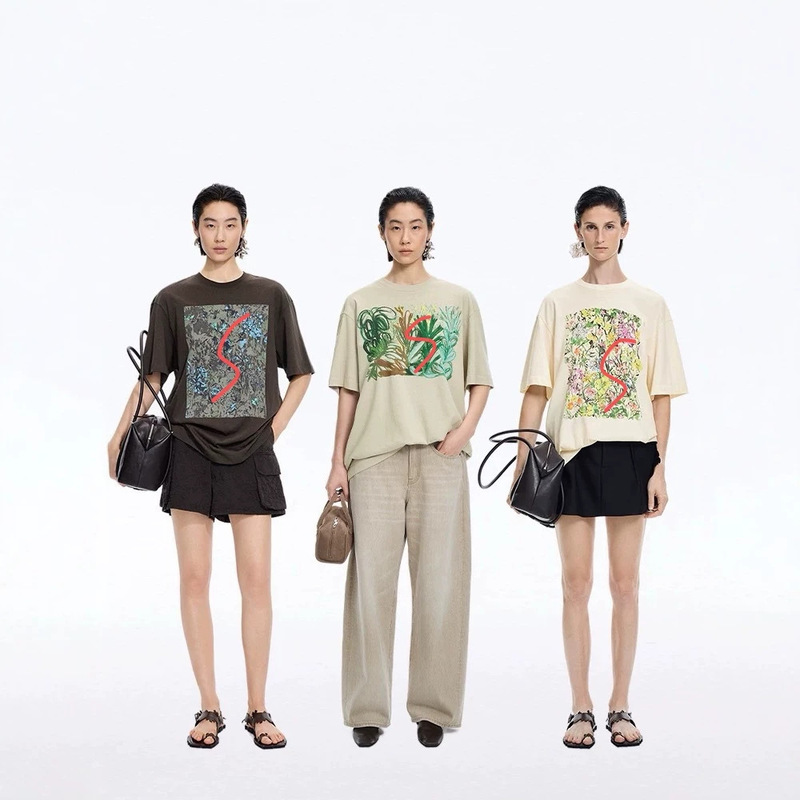 [Same Style as in the Mall] 26 Summer New Product T-Shirt Cotton and Linen Sweat Fabric Print 0370