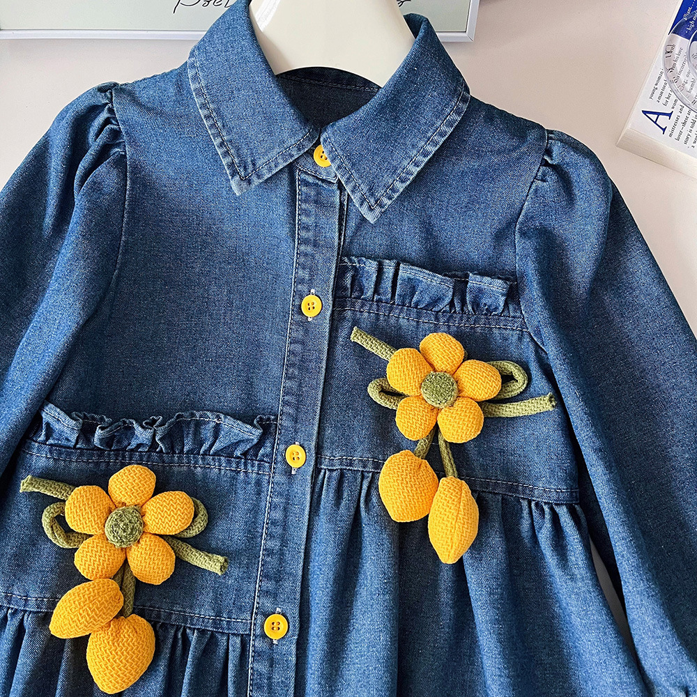 2024 autumn new Korean version girls' sunflower denim long sleeved dress, cute baby girl dress 67378_voghion.com