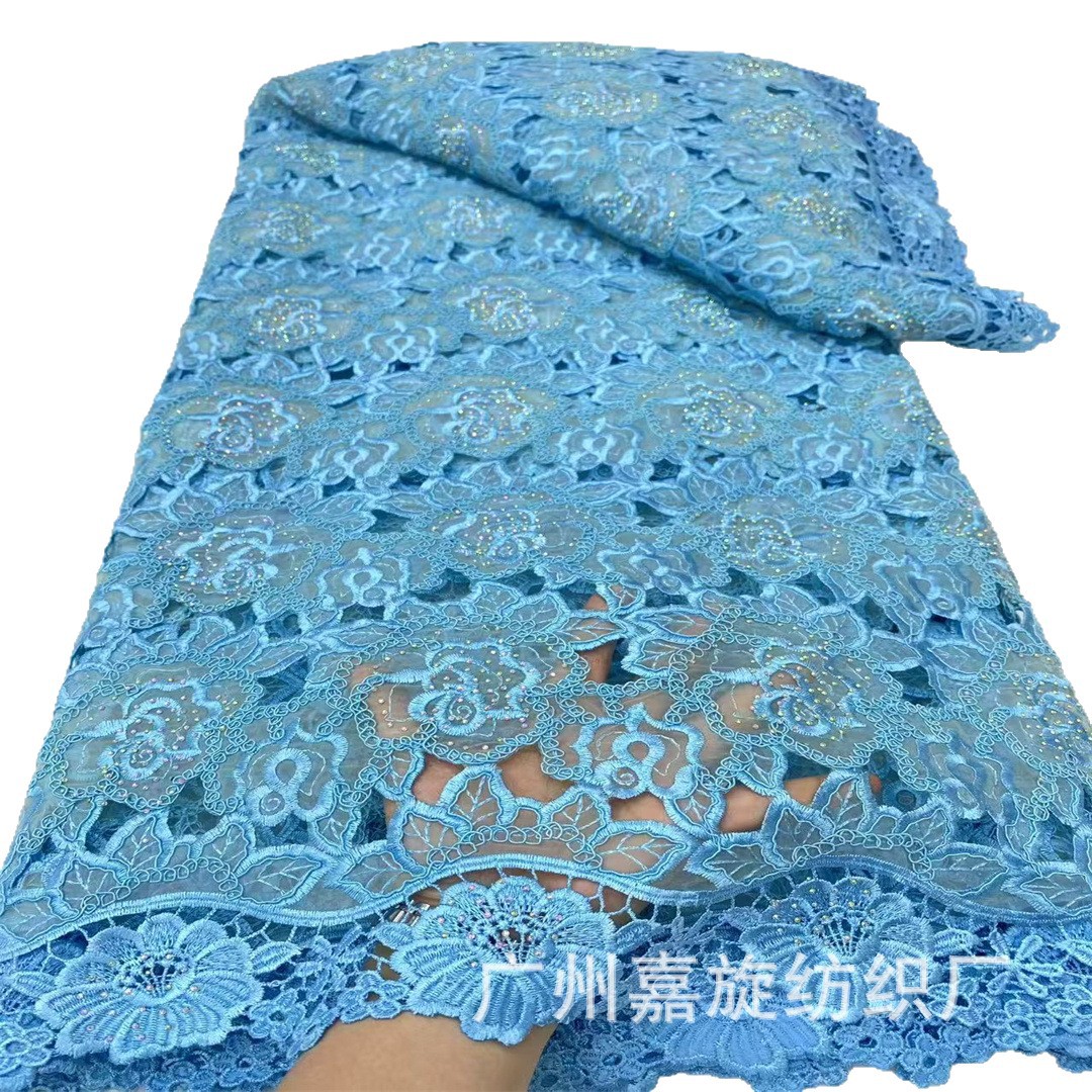 Tela de encaje africana con bordado floral de cordón de hueso europeo y americano de verano, tela bordada con pedrería para ropa de mujer. image 6