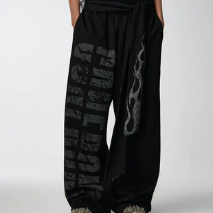 2025 Spring and Autumn Men's Harajuku Streetwear Composite Flame Ribbon Japanese Print Loose Straight Sweatpants Cotton