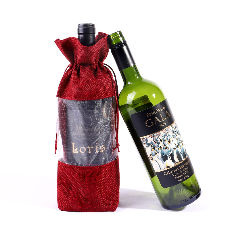 Ventana abierta bolsa de botella de vino de arpillera solo lazo con cordón champán bolsa de embalaje de vino bolsa de regalo de mano al por mayor