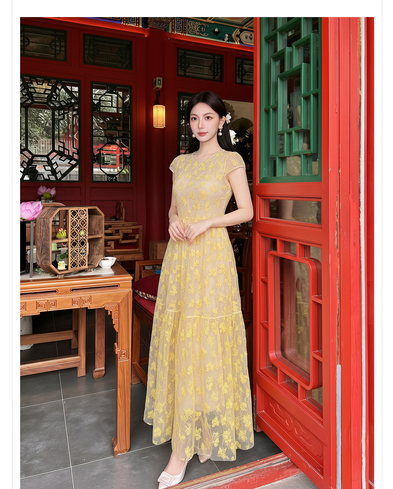 Đầm maxi nữ thêu ren hoa cổ điển tay ngắn thắt eo — màu sắc chi tiết 6