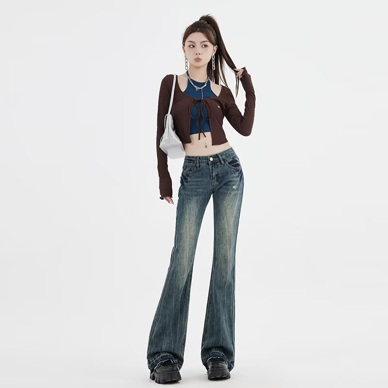 American-style retro low waist skinny jeans women's embroidered distressed High Street hot girl slim-fit slimming mop horn pants American-style retro low waist skinny jeans women's embroidered distressed High Street hot girl slim-fit slimming mop horn pants