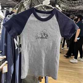 BM风 新款牛仔天使藏青拼灰插肩袖螺纹短袖女修身短款T恤短款上衣