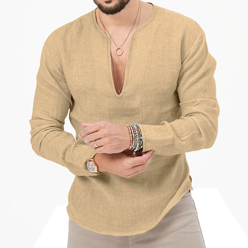 Collection printemps-été 2025 pour hommes, style tropical décontracté, en coton et lin, col V profond, couleur unie, grandes tailles, longueur longue._voghion.com