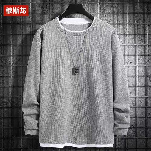 Men's Round Neck Loose Crew Neck Sweatshirt with Fleece, Honeycomb Pattern, Korean Style Casual Long Sleeve T-Shirt Top