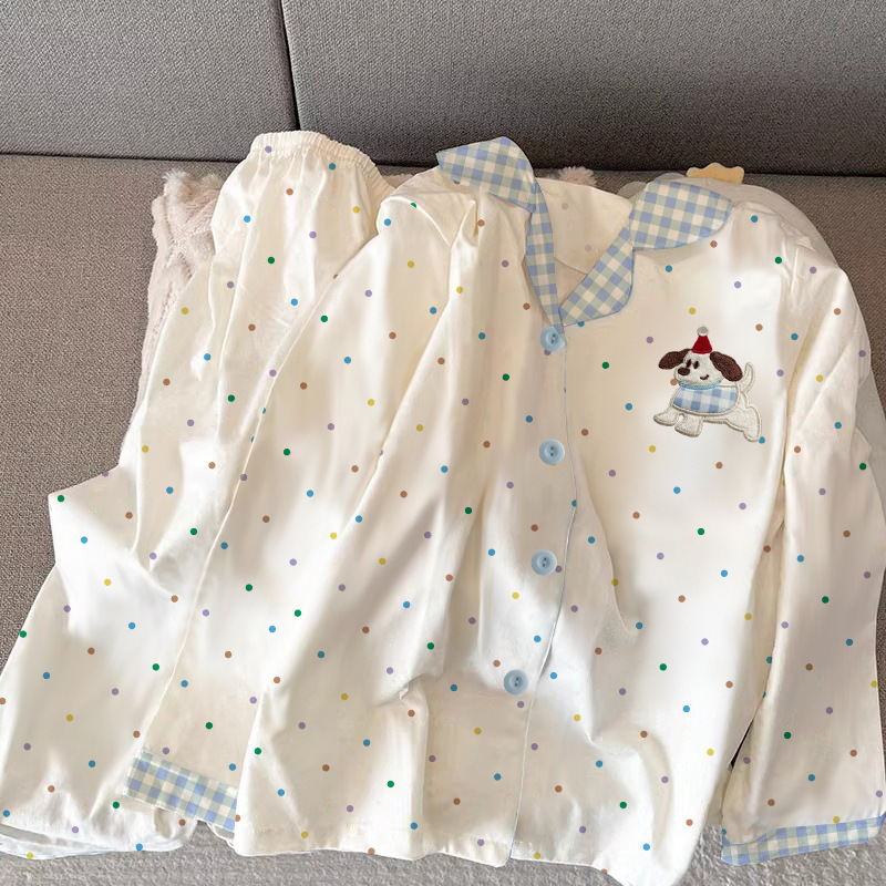 撞色可爱小狗春秋睡衣女日系ins波点长袖夏天宽松家居服套装批发|undefined