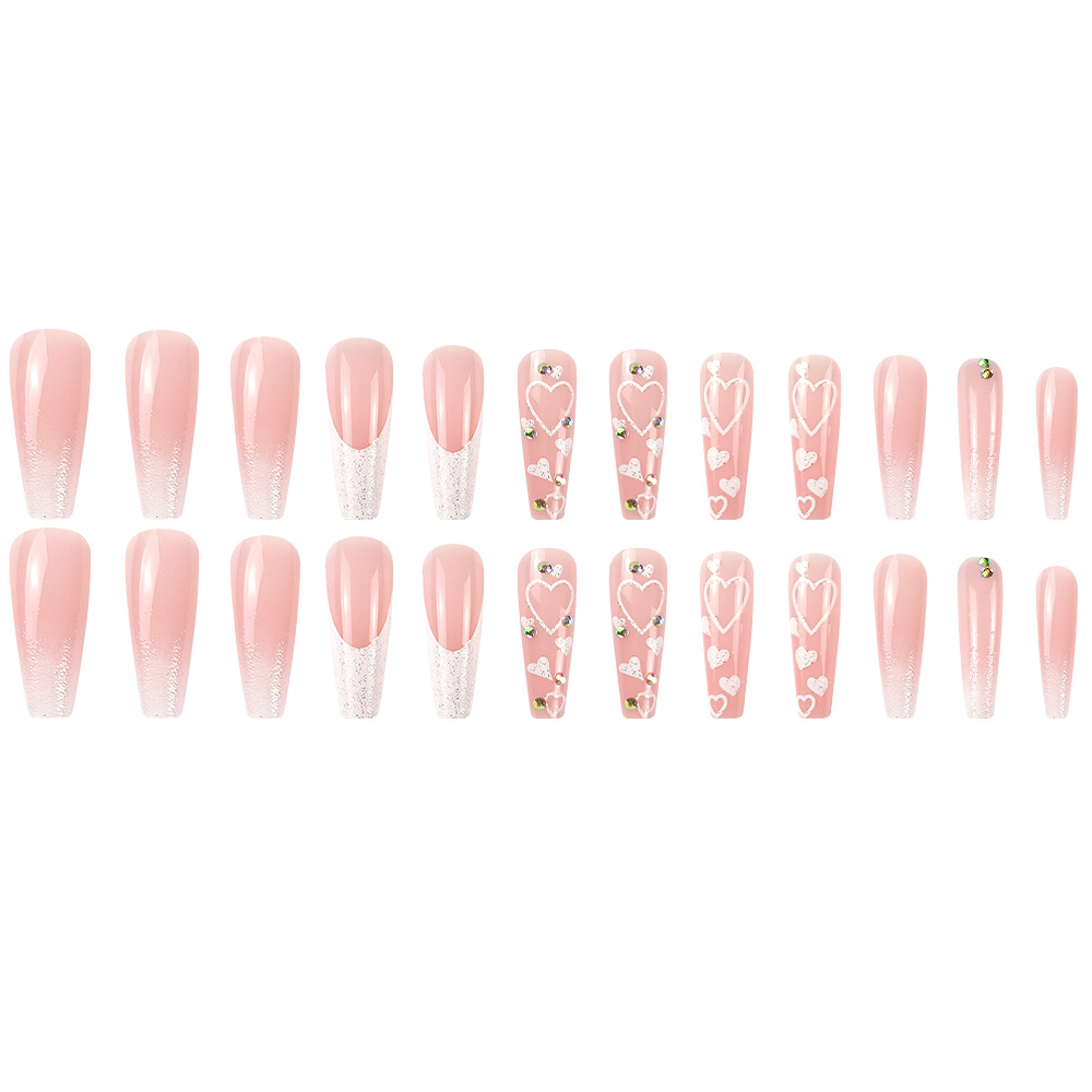 Transfronterizo venta de diamante rosa de amor de manicura dulce estilo francés para usar uñas 24 piezas de parche de uñas falsas