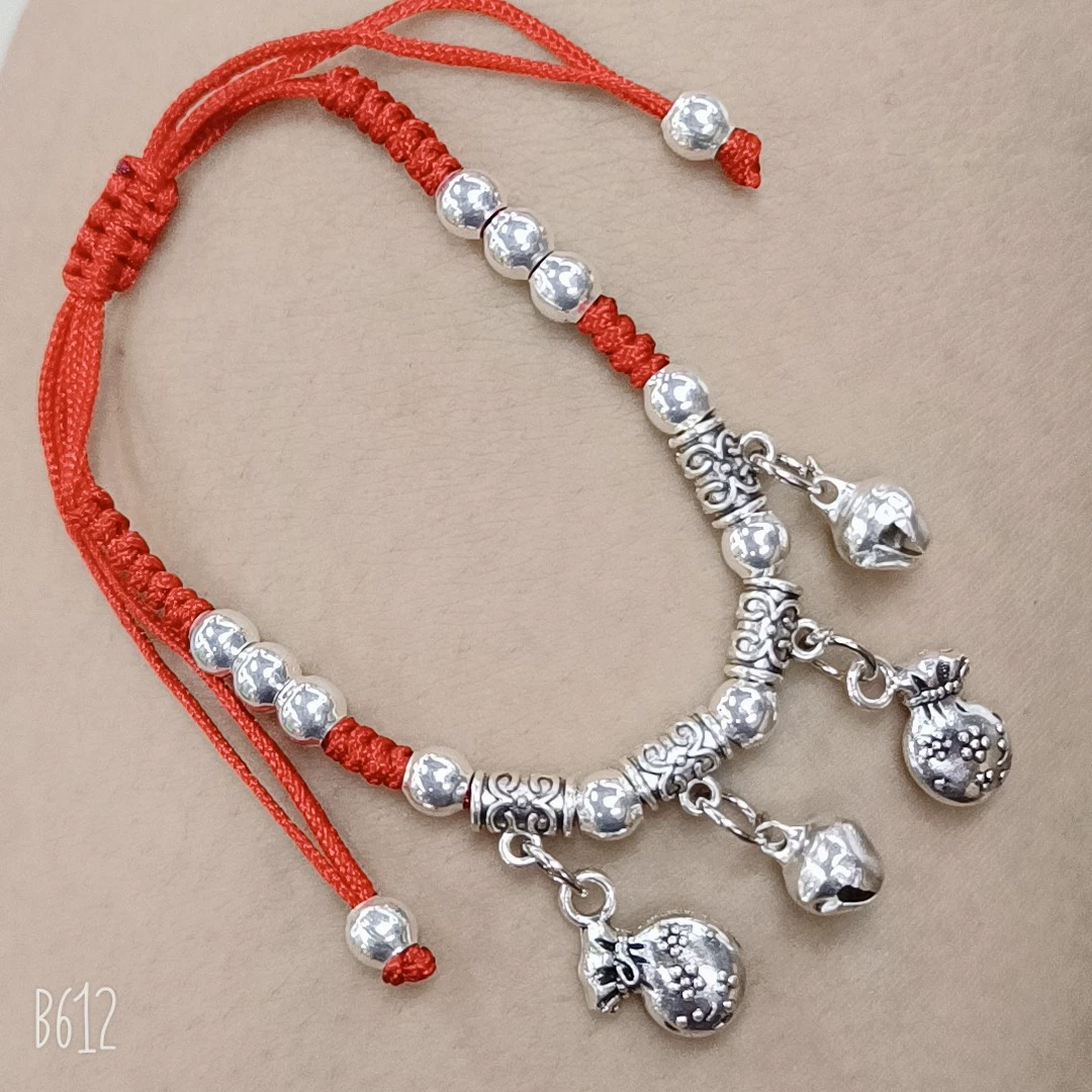 Woven Red Rope Bracelet, Miao/Tibetan Silver Alloy Charms, Ankle & Wrist, Multiple Styles
