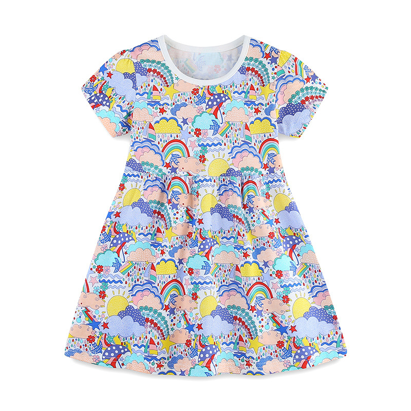 Vestidos de niña estilo europeo y americano, vestidos de princesa con estampado de dibujos animados de moda de verano, vestidos de algodón tejido para niñas pequeñas