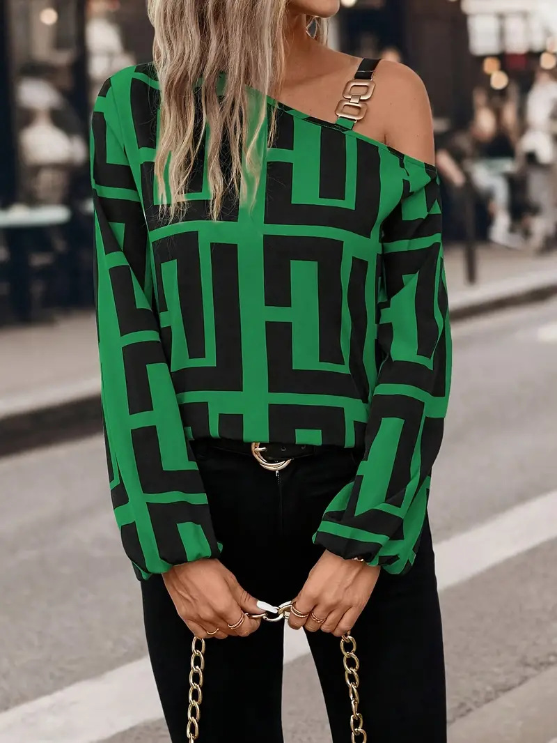 273g Weight Long Sleeve Sleeve Length Polyester Fabric Type Regular Top Length Blouse Tops Type Casual, Daily Occasion Oblique collar Neckline Regular Fit Fit Type Geometric Pattern Spring, Autumn Season Women's Gender Printing Design Elegant, Streetwear Style Wholesale Women's Elegant Streetwear Geometric Long Sleeve Printing Blouses 13