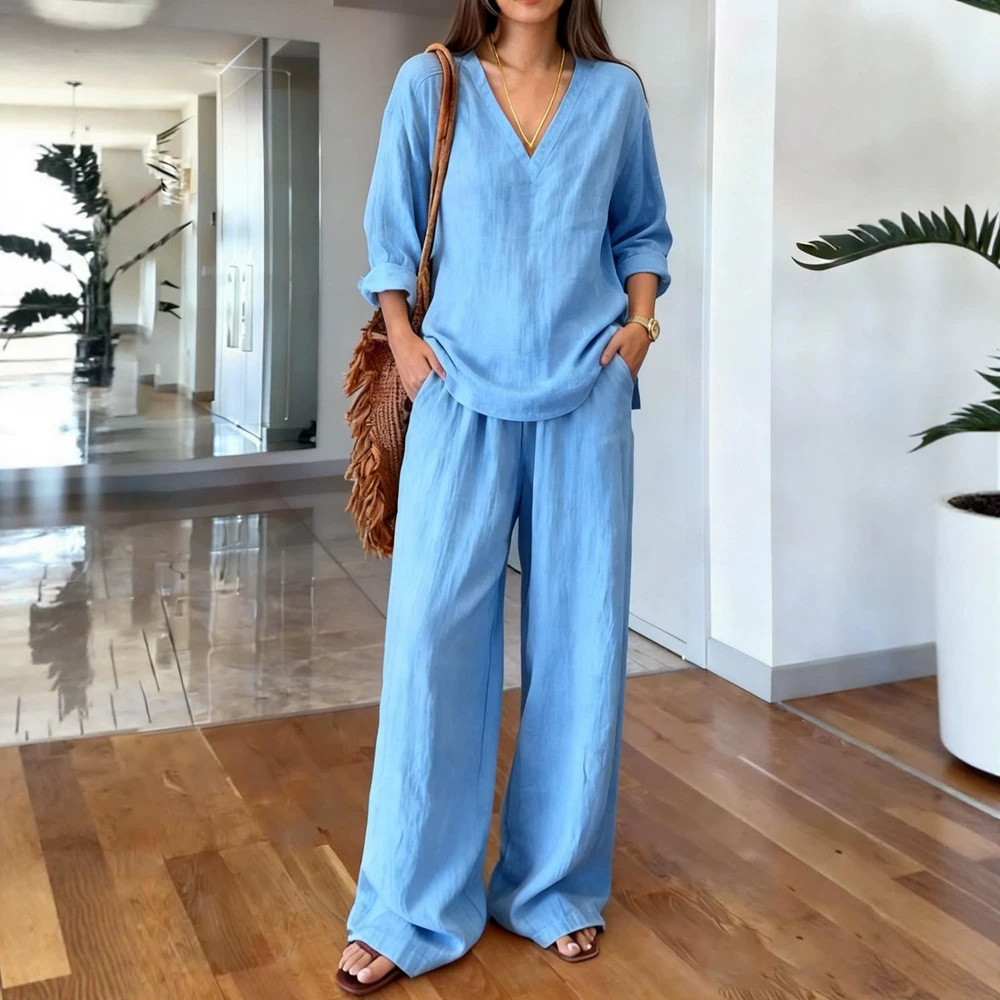 New Women's Casual Washed Cotton Suit V Neck Pullover Long Sleeved Plus Size Length Pants_voghion.com