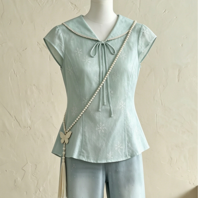 Light luxury style navy collar sleeveless shirt for women, 2026 summer new collection, with a cinched waist and tie detail, exuding a sophisticated and elegant vibe