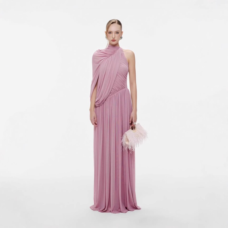 Halter Neck One-Shoulder Evening Dress for Women, Draped Tulle, Waist-Cinching Long Gown, Elegant Dress for Formal Occasions and Banquets