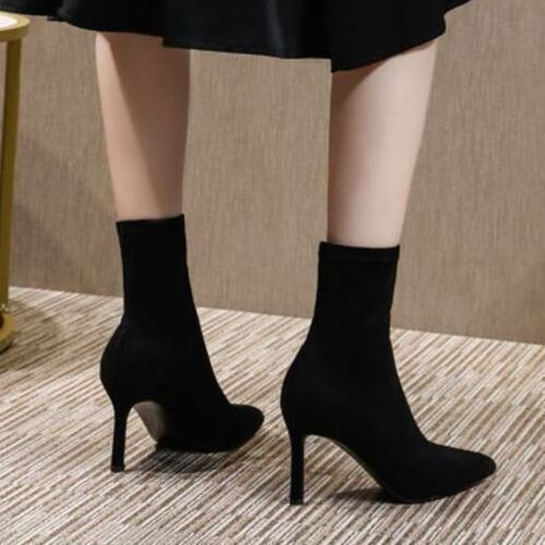 Thin black elastic socks boots, internet famous, slimming and thinning boots, mid-calf versatile high heels, pointed short boots for women, autumn and winter lined