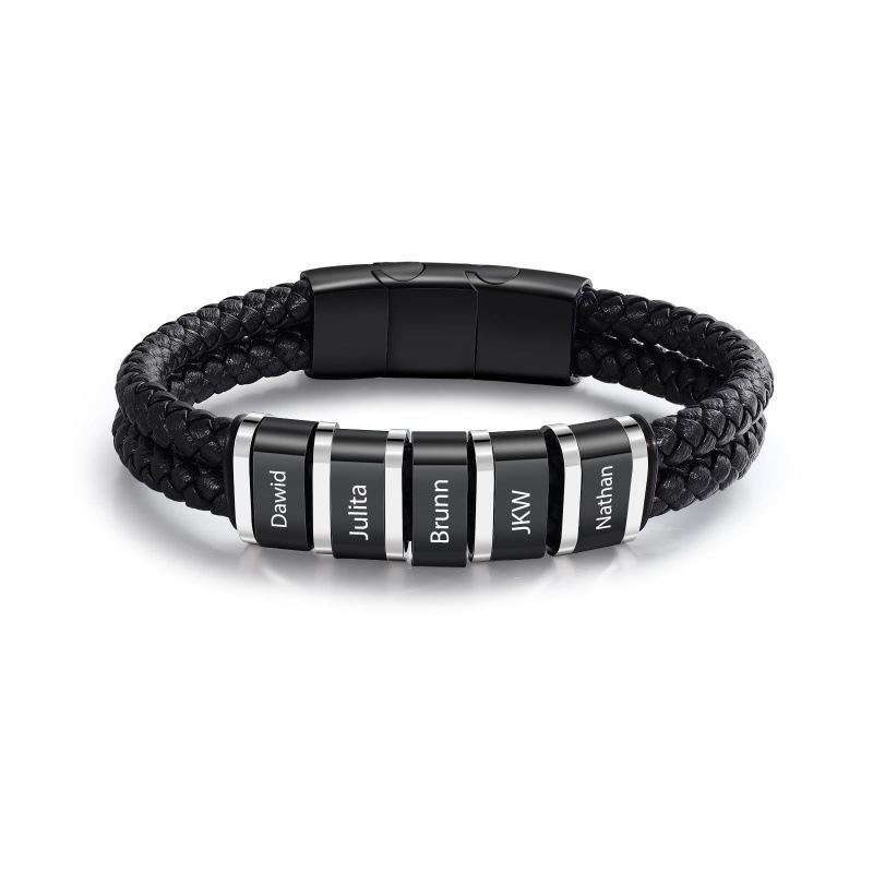Double-Layer Round Rope Leather Bracelet with Black Stainless Steel Magnetic Clasp, Personalized Men's Bracelet with Name Engraving Double-Layer Round Rope Leather Bracelet with Black Stainless Steel Magnetic Clasp, Personalized Men's Bracelet with Name Engraving