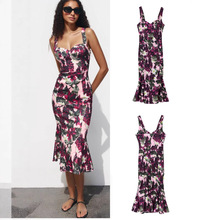 跨境2025夏季新款玫瑰印花露背包臀吊带连衣裙女