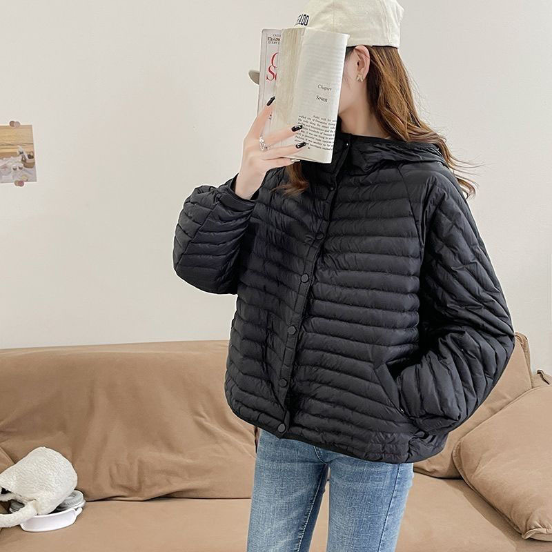 轻薄90白鸭绒羽绒服女短款2025年新款时尚绗线连帽蝙蝠袖面包服潮|undefined