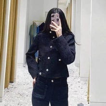 法单小众23秋冬新款百搭金属扣立领质感细闪英伦单排扣花呢短外套