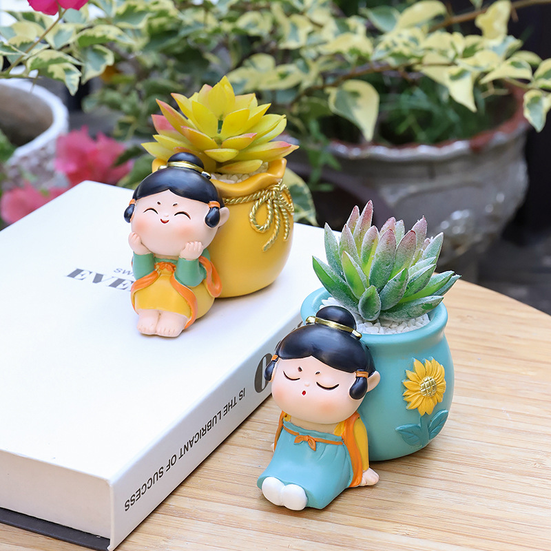 Chậu Cây Resin Chậu cây mọng nước hình mỹ nữ nhà Đường, chậu mini phong cách Trung Hoa, trang trí sân vườn (RG-155)