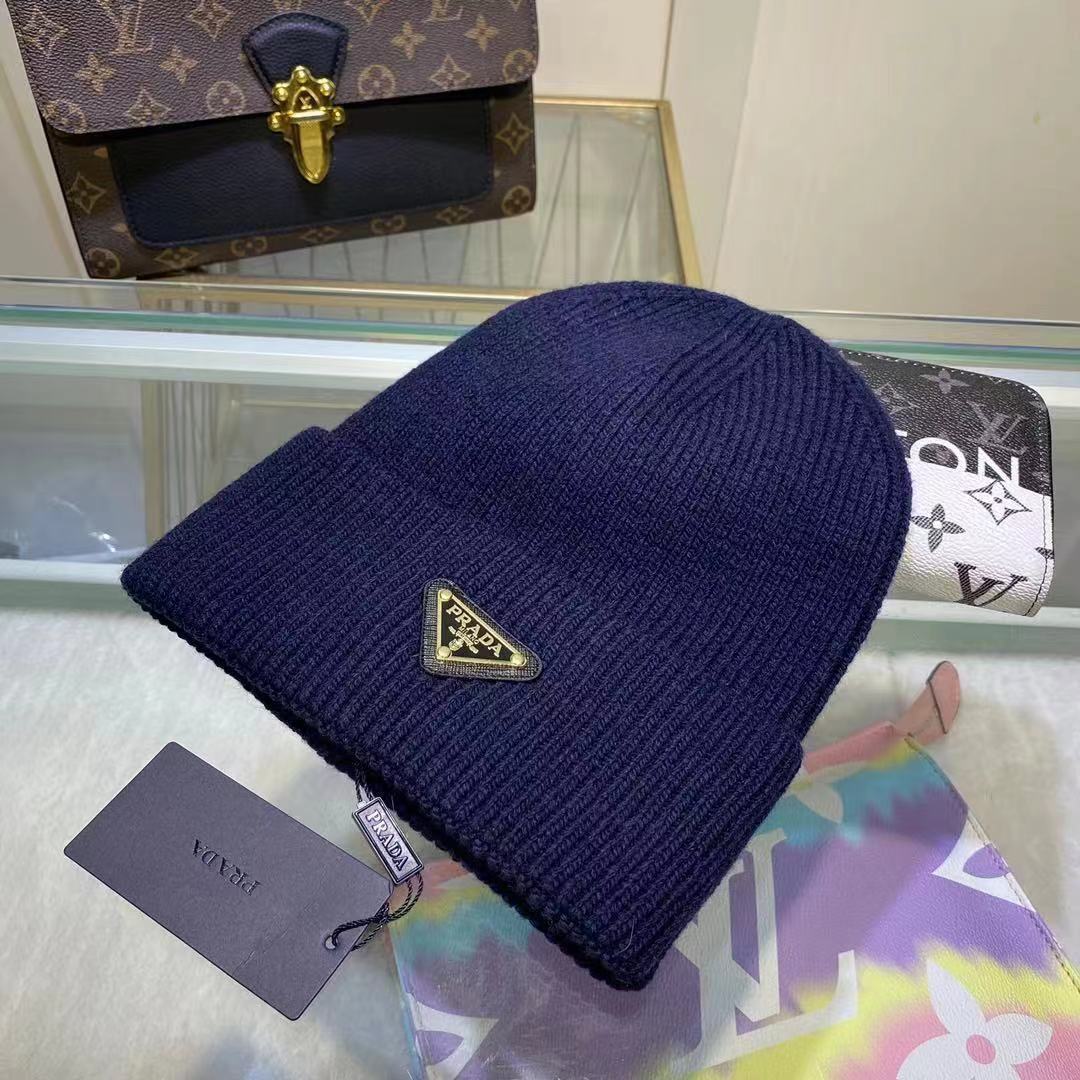 Prada Triangle Logo Beanie Navy