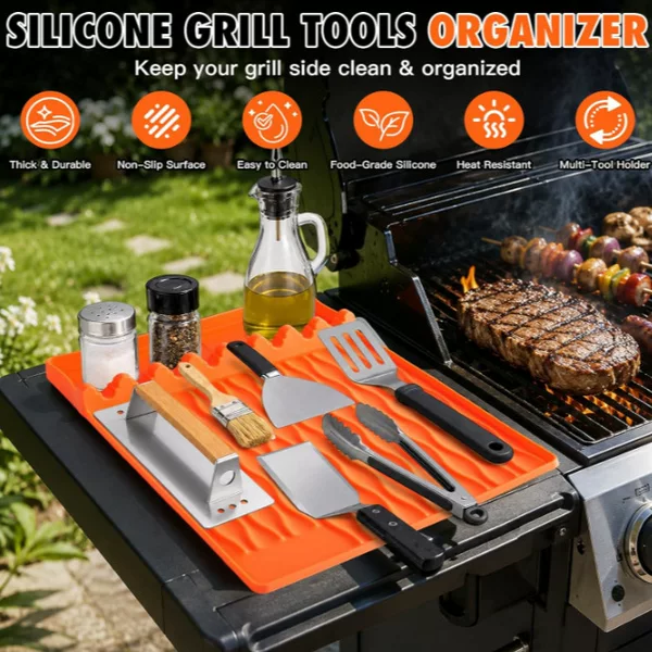Silicone barbecue tool mat, teppanyaki flat griddle kitchen utensil storage mat, outdoor sauce and spatula storage mat