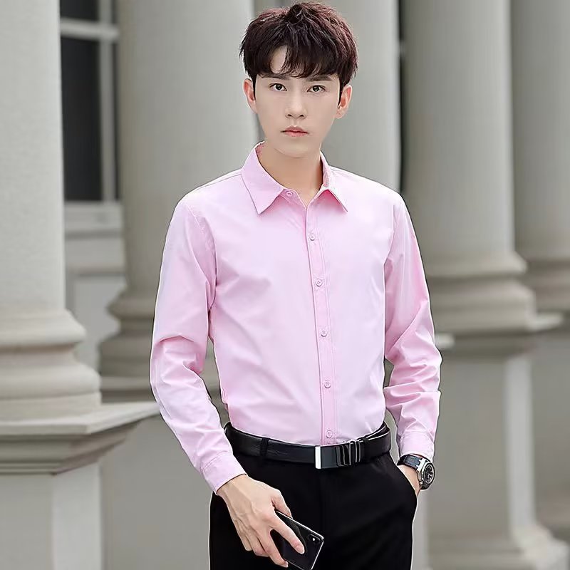 流行新款纯色长袖衬衫男款商务正装修身百搭薄款衬衣休闲舒适上衣