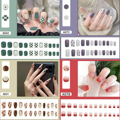 Wholesale removable wearable nails checkerboard plaid fake nails nude color blooming multi-color nail patches printed nail art stickers