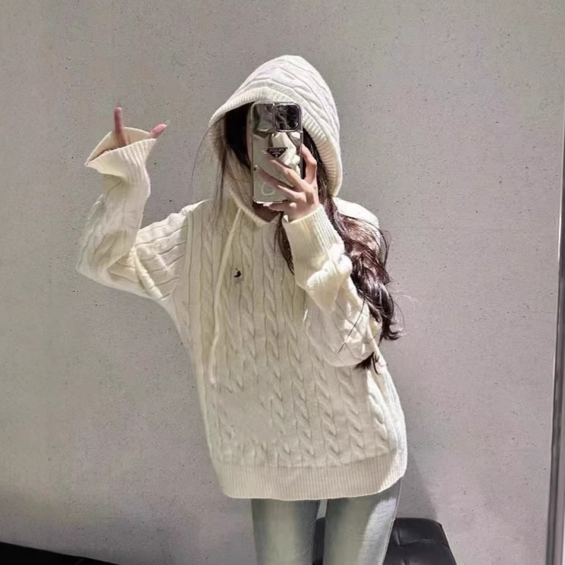 In-Stock Rl Pullover Hooded Thick Cable Knit Sweater High Version Embroidery Autumn Winter Essential Lazy Knitwear