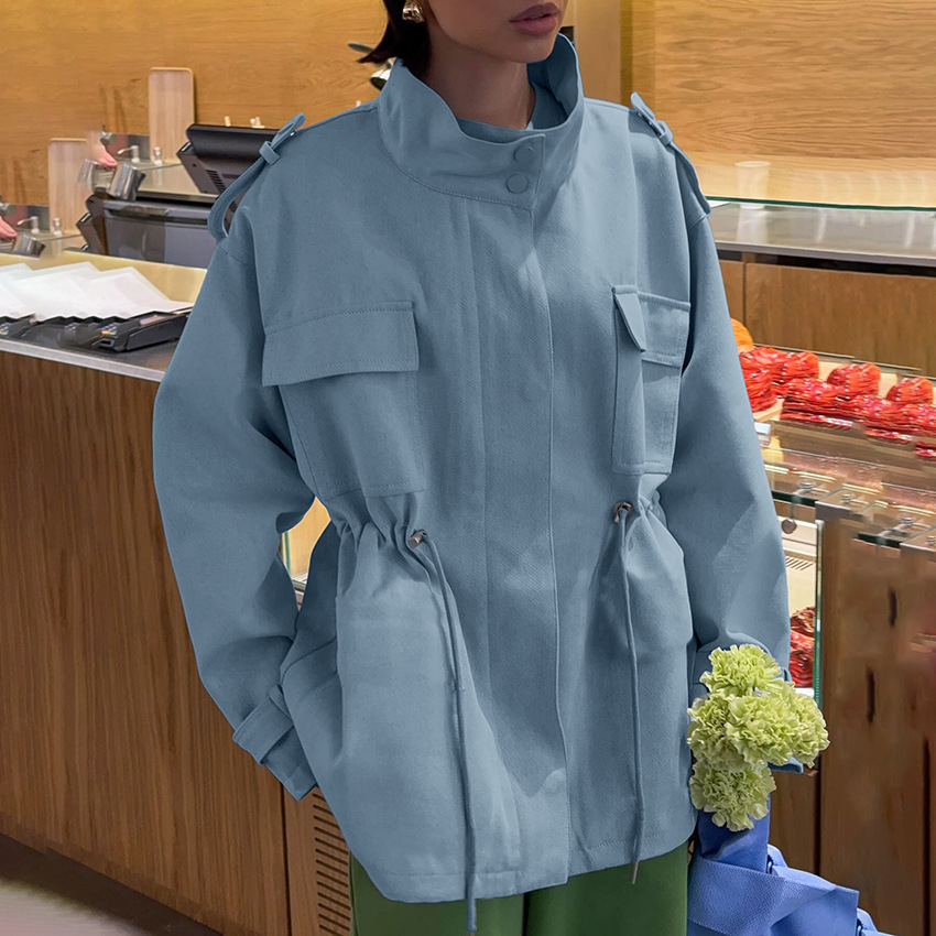 Autumn and Winter New Pure Cotton High-Neck Waist Drawstring Long-Sleeved Jacket for Women with Design, Elegant and Fashionable 2025 Cross-Border Commuting