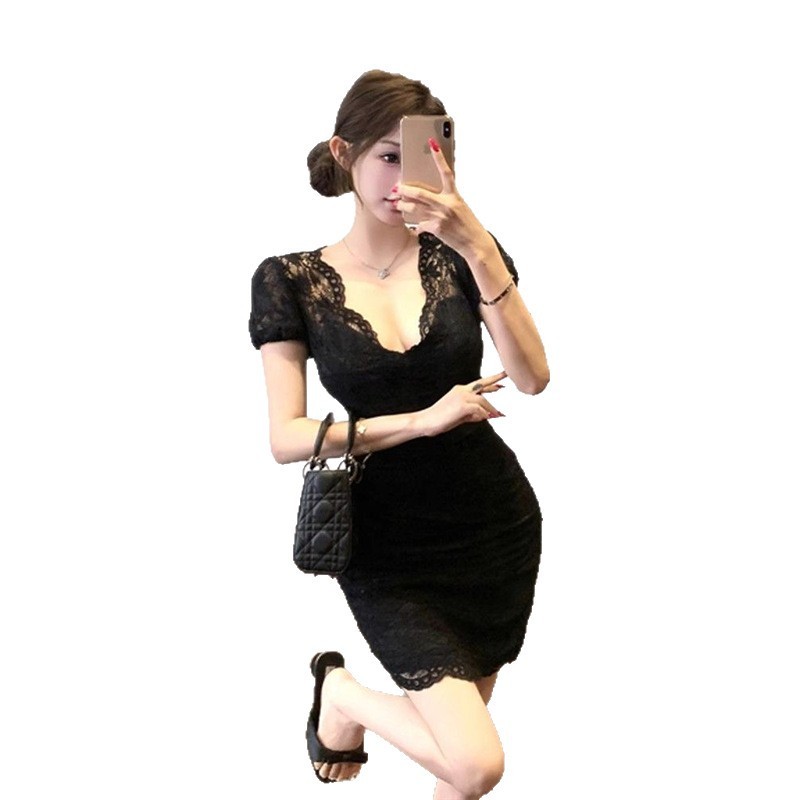 法式气质黑色蕾丝连衣裙女夏季新款高级感纯欲修身收腰包臀短裙子|undefined