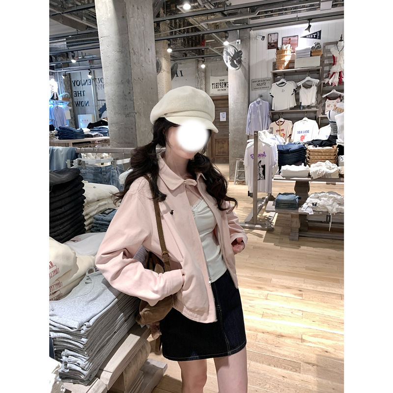 PtonUmi 桃乐茜梦 粉色腊肠狗刺绣夹克女秋韩系宽松休闲翻领外套|undefined