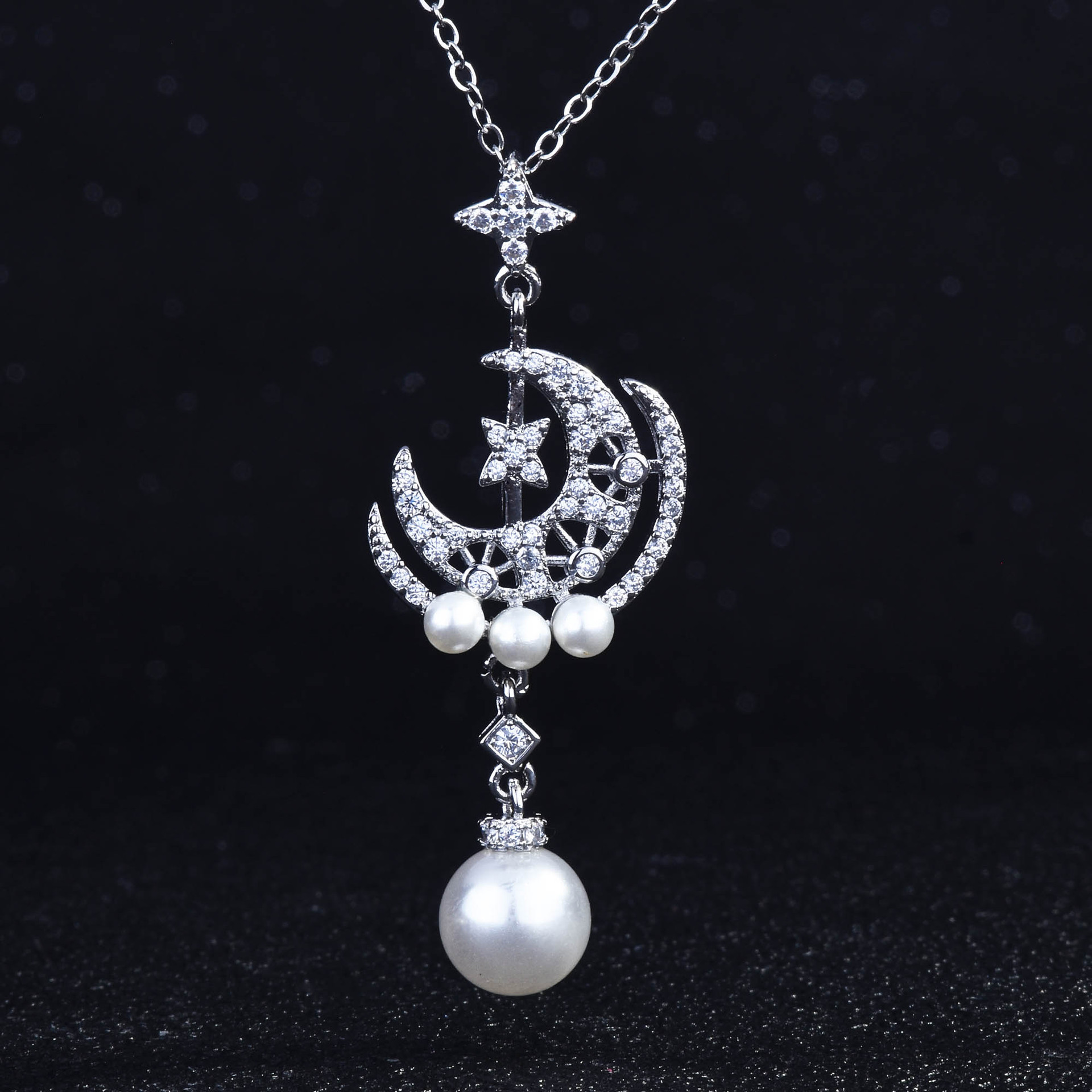 New Pearl Star Moon Necklace Pearl Meteor Moon Earrings Fashion Jewelry Set display picture 8
