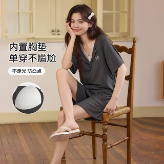 带胸垫一体睡衣女夏季2026新款短袖螺纹冰丝休闲可外穿家居服套装