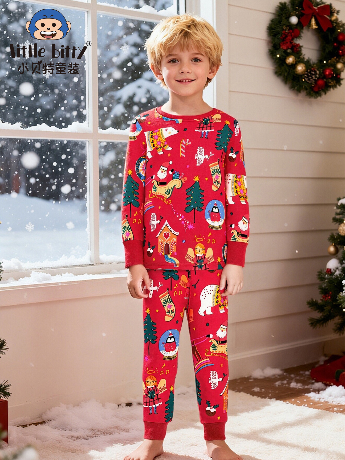 Cross-Border 25 Autumn and Winter Children's Clothing Christmas Long-Sleeved Pants Suit Cartoon Christmas Print Home Clothes Two-Piece Pajamas