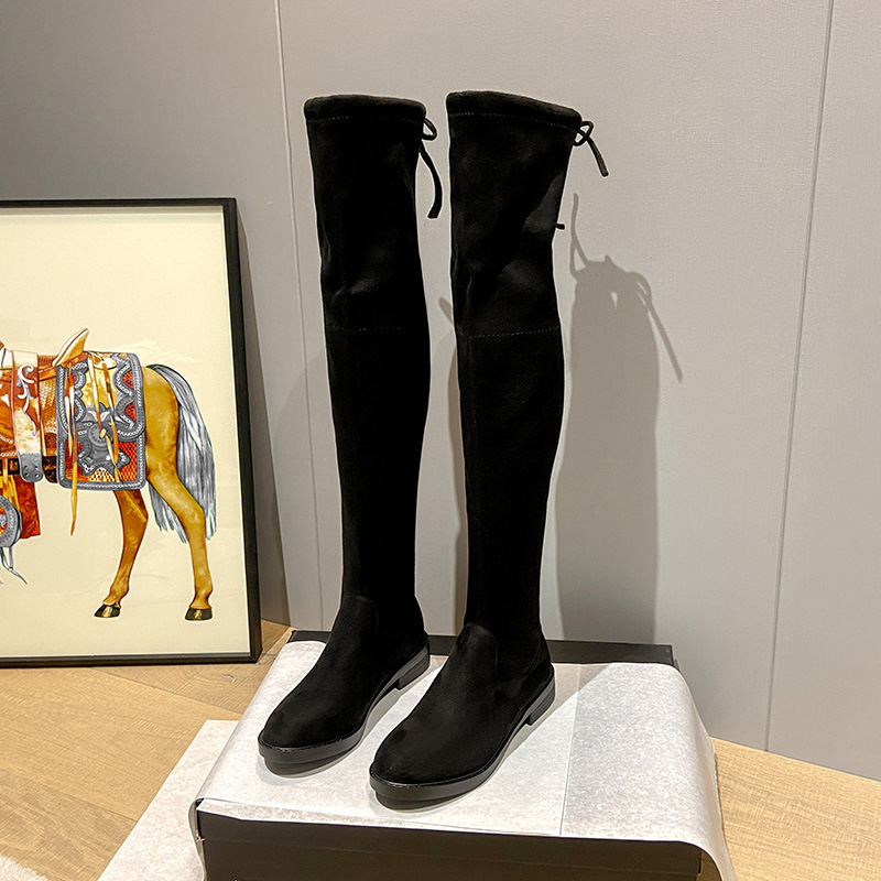Botas sobre la rodilla para mujer 2020 Otoño e invierno nuevas botas largas forradas de vellón planas elásticas de tacón grueso botas altas delgadas image 3