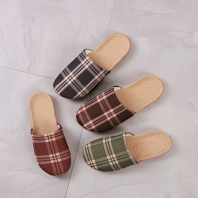 Новые летние мужчины и женщины льняная клетка корейская версия шифоновая мягкая подошва можно стирать домашние холодные тапочки можно носить на улице