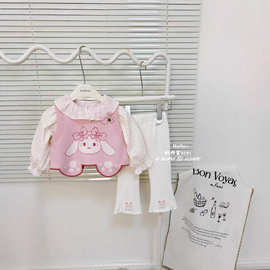 女童春装卡通针织马甲套装2025新款儿童宝宝毛衣衬衫休闲三件套