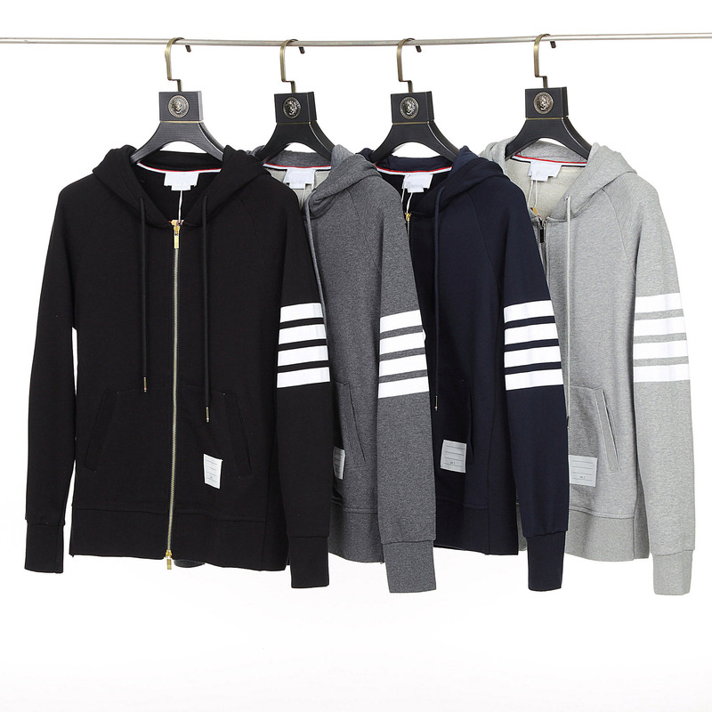 New Tb Color-Woven Jacket with Four Stripes, Unisex Korean-Style Zip-Up Hoodie