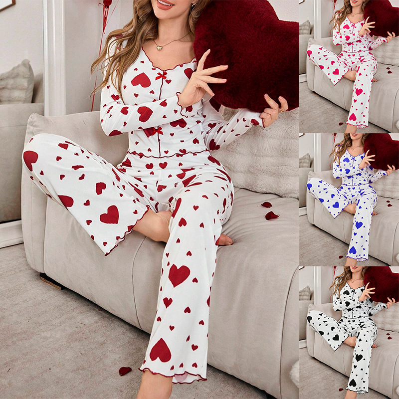 Autumn and Winter New Pajamas Two-Piece Set for Women Cross-Border Amazon Popular Heart Print Long-Sleeved Pants European and American Home Clothes