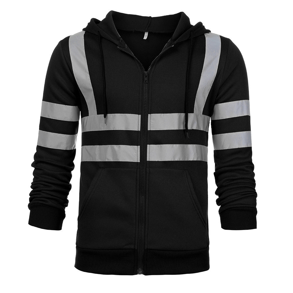 Men's Clothing reflective strip plus velvet sweatshirt outdoor sanitation work clothes zipper hooded color matching sweatshirt jacket_voghion.com