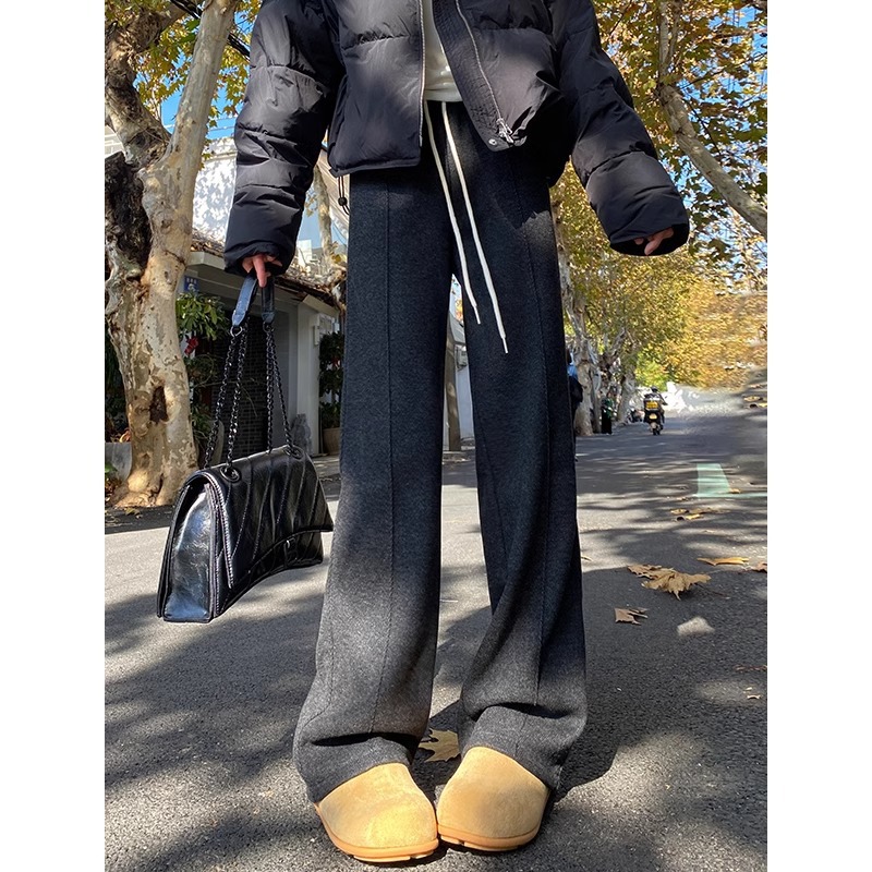 Pantalones de piernas anchas más gruesas para mujeres otoño y invierno de 2024 nuevos pantalones de cintura alta, pantalones casuales, pantalones rectos de lana a herringbone