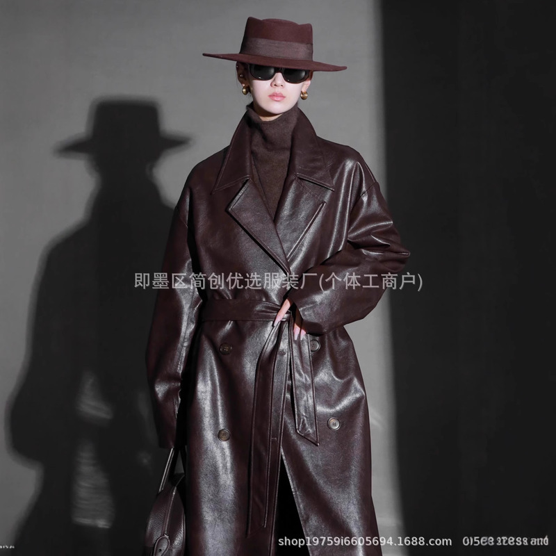 Autumn New Korean Style High-End Lapel Loose Leather Jacket Long Double-Breasted Classy Leather Windbreaker Jacket Long Women Autumn New Korean Style High-End Lapel Loose Leather Jacket Long Double-Breasted Classy Leather Windbreaker Jacket Long Women