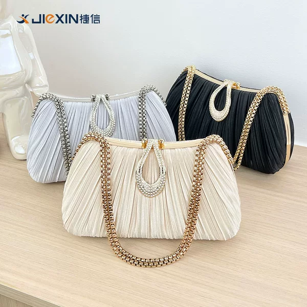 New Cross-Border Pleated Evening Bag Solid Color Handbag Simple Versatile Trendy Elegant Cheongsam Banquet Bridal Women's Bag